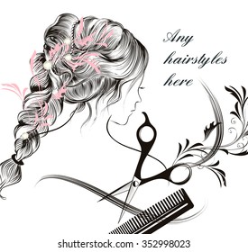 Fashion illustration with beautiful young l girl  comb and scissors symbol of hairdressing