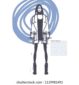 Fashion illustration. Beautiful young woman. Vector hand-drawn sketch.