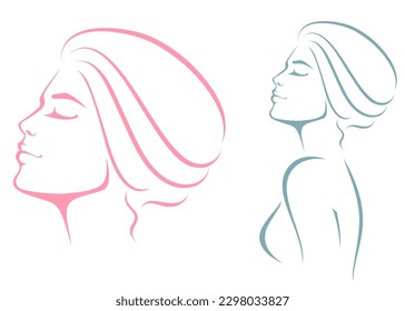 Fashion illustration of a beautiful young woman with closed eyes, from profile view. Suitable for hair care or wellness products, beauty salon or spa. Isolated on white. Vector eps file.