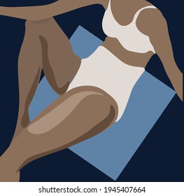 Fashion illustration. Beautifull woman wearing a white swimsuit sits on the blue towel. Plus size female. Body positive and self-love concept.