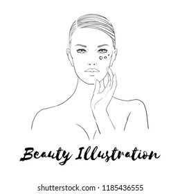 Fashion illustration. Beauty Care. Girl Cares about her Face. Different facial care procedures. Vector illustration
