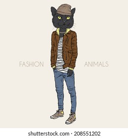 fashion illustration of black cat dressed up in casual city style