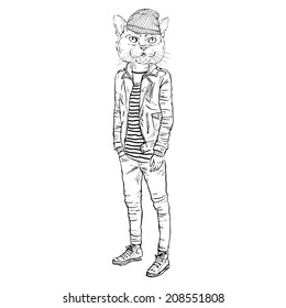 fashion illustration of black cat dressed up in casual city style