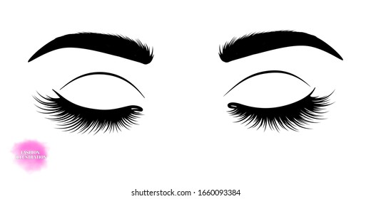 Fashion illustration. Black and white hand-drawn image of closed eyes with eyebrows and long eyelashes. Vector EPS 10.
