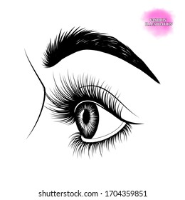 Fashion Illustration. Black And White Hand-drawn Image Of Beautiful Eye In Profile With Eyebrows And Long Eyelashes. Vector EPS 10.