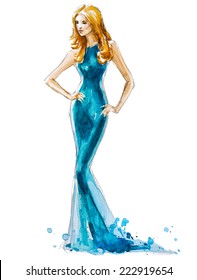 fashion illustration of a blond girl in a long dress. watercolor. Vector illustration.