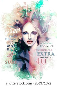 Fashion illustration with a blonde beauty girl and painted splash