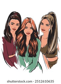 Ilustração de moda Blonde Brunette Red Melhores amigos