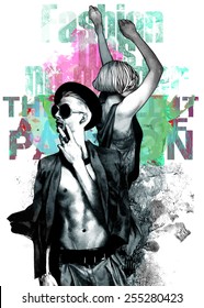 Fashion illustration with a boy and dancing girl