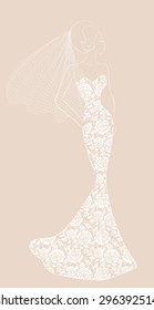 Fashion illustration of bride with veil in lace dress