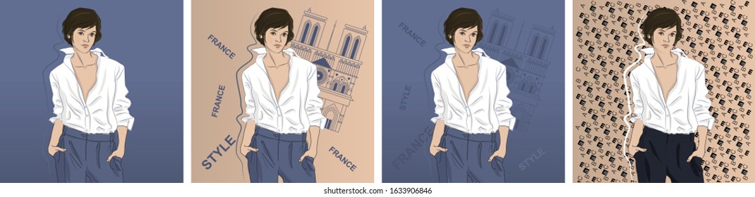 Fashion illustration. Brunette girl in a stylish white shirt and trousers, for the cover of a magazine, advertising, social networks.