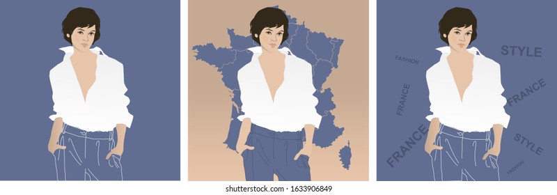 Fashion illustration. Brunette girl in a stylish white shirt and trousers, for the cover of a magazine, advertising, social networks.