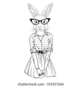 fashion illustration of bunny girl dressed up in hipster style