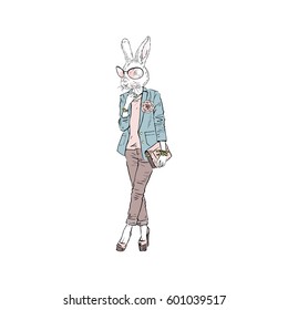 Fashion illustration of bunny girl dressed up in city style, street look