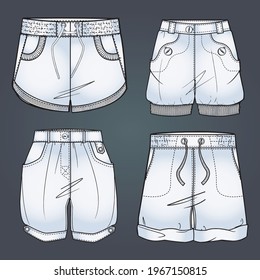 Fashion Illustration , CAD, Technical Drawing, short set vector isolated template illustration.