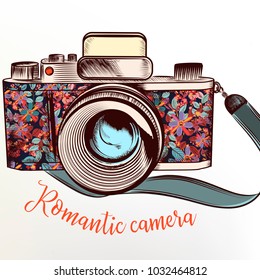 Fashion illustration with camera in colorful flowers