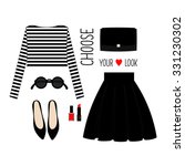 Fashion Illustration. Casual outfit. Woman modern clothing flat set. Stylish and trendy clothing. Casual look with cropped singlet, skirt, black shoes and accessories.