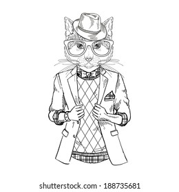 fashion illustration of cat dressed up in hipster style