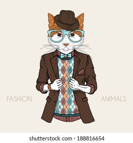 fashion illustration of cat dressed up in hipster style