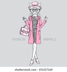 fashion illustration of cat girl dressed up in classy style