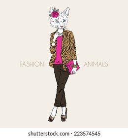 Fashion illustration of cat girl dressed up in city style, street look