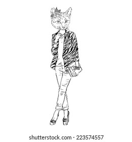 Fashion illustration of cat girl dressed up in city style, street look