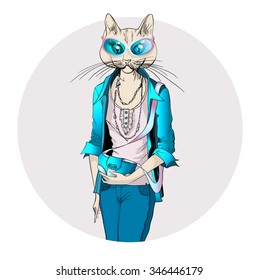 Fashion illustration of cat girl dressed up in casual style with clutch and jacket 