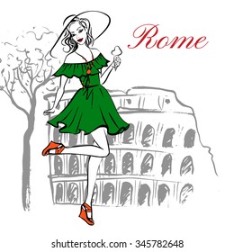 Fashion illustration of cheerful woman in hat with ice cream near Coliseum in Rome, Italy. Ink hand drawn sketch