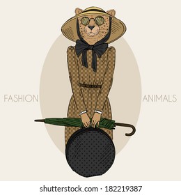 Fashion illustration of cheetah girl dressed up in vintage style