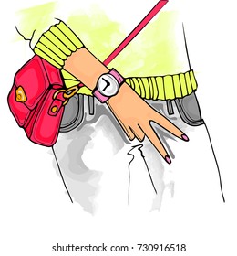 Fashion illustration of clothes hand drawing. Casual style,watch,denim pants, knitted sweater and handbag.