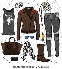 Fashion illustration clothing set. Biker style outfit.