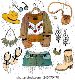 Fashion Illustration Clothing Set. Boho Chic Style