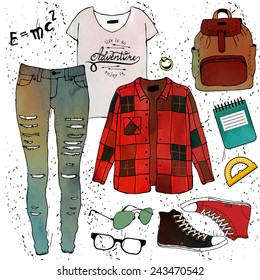 Fashion illustration clothing set.Student Style