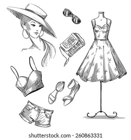  fashion illustration . collection of summer clothing and accessories