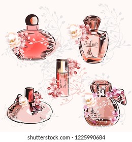 Fashion illustration collection of vector perfume with flowers