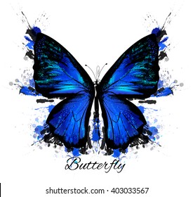 Fashion illustration with colorful butterfly and ink spots, grunge style background