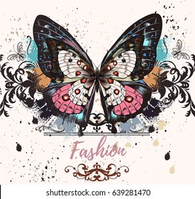 Fashion illustration with colorful butterfly and ink spots, grunge style background