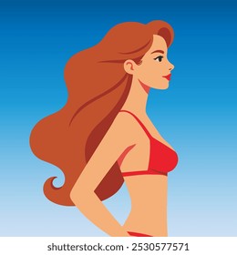 Fashion illustration of a confident woman with flowing hair wearing a red bikini top against a blue sky background.