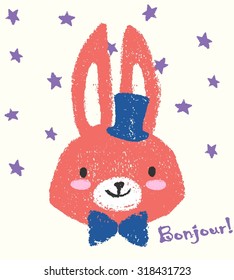 Fashion illustration of cute bunny with blue bow and hat drawing with chalk. Crayon drawing of lovely vector character isolated on neutral colored background with pastel stars. Sketch easter card