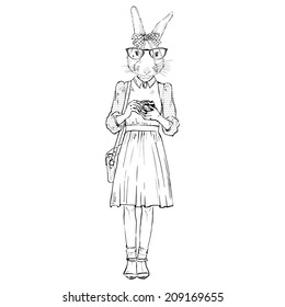 fashion illustration of cute bunny hipster with photo camera