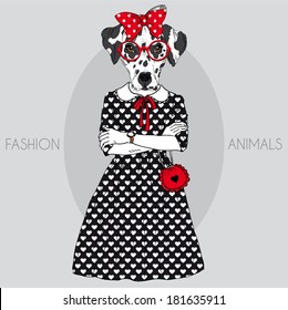 Fashion illustration of cute dalmatian girl dressed up in pin up style