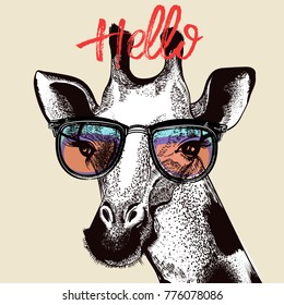 Fashion illustration with cute giraffe in hipster glasses