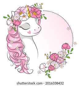 Fashion illustration of cute little smiling unicorn  with a wreath of flowers on his head . Art. Beautiful illustration drawing in modern style. Children background. Magic pony. Sketch animals