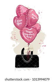 Fashion illustration. Cute Valentine's day card with balloons in the shape of a heart. Balloons attached to a fashion bag. Stylish gift for fashion woman. Template for postcards. Sketch. Vector.