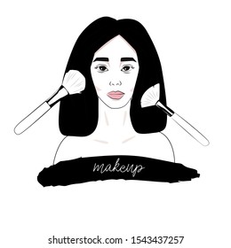 Fashion illustration cute woman face and makeup brushes kit, hand drawn vector set isolated. for design logo and banner, template horizontal.