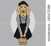 Fashion illustration of dachshund girl hipster 