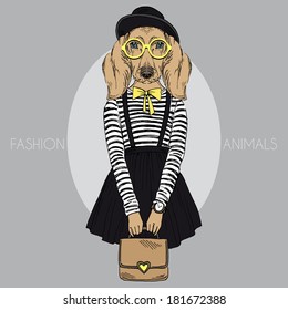 Fashion illustration of dachshund girl hipster 