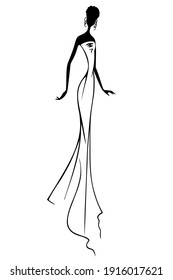 Fashion illustration. A dainty black woman in a long dress. Hand drawing. 