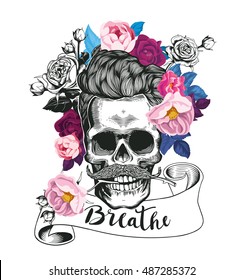 Fashion illustration depicting skull. Hipster skull with the rose in his teeth. Trending floral background. Could be used for T-shirt print, cards, banners. Vector illustration.