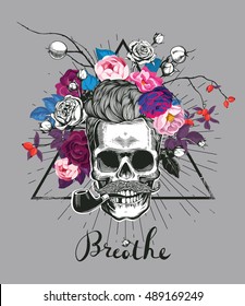 Fashion illustration depicting a skull with the tobacco pipe in his teeth. Hipster. Mexican Day of the Death. Trending floral background. Could be used for T-shirt print, cards, banners. Vector